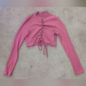 Tresser Long Sleeve Ruched Lace Up Ribbed Mock Neck Crop Top